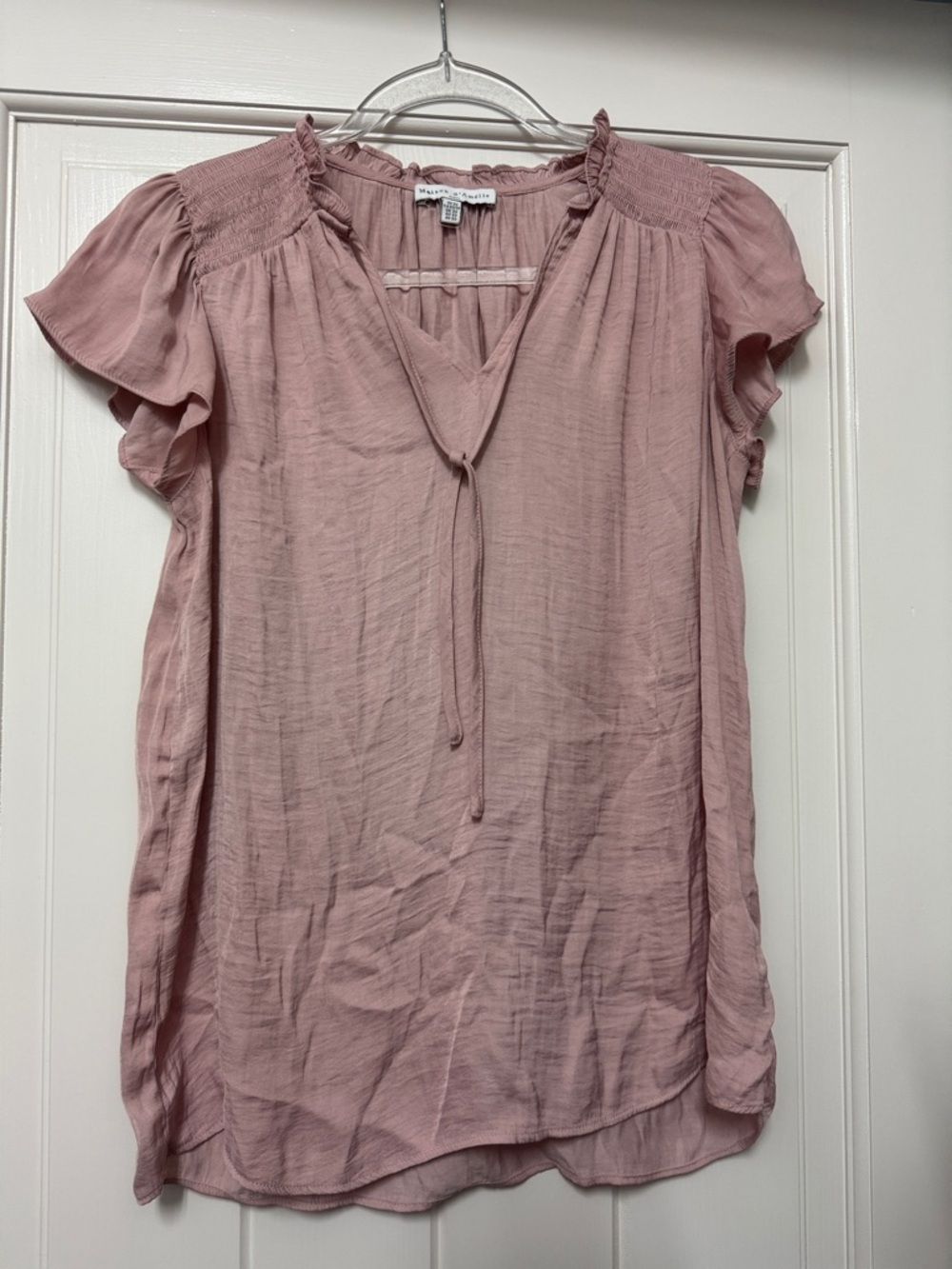 Maison D’Amelie Pink Tie-Front Ruffle Sleeve Blouse